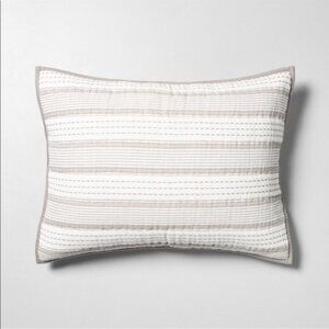 Magnolia Neutral Stripe King Quilted Pillow Sham in White and Light Taupe. New!